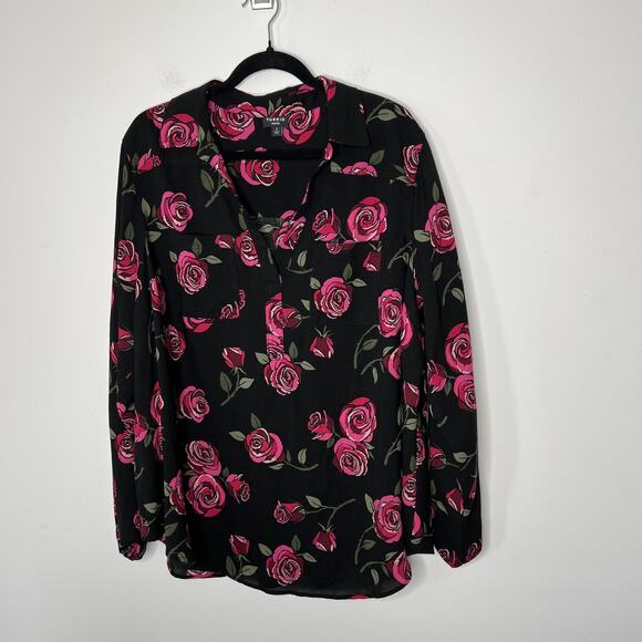 Torrid Blouse Womens 2 2X Black Pink Rose Floral Harper Long Sleeve V Neck Plus - Picture 1 of 11